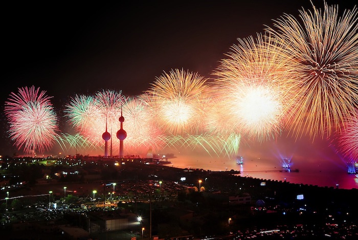 Fireworks display along the waterfront